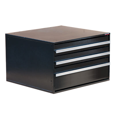Black steel 15” H Modular drawer cabinet. Drawers extend fully and have a storage capacity of 100 pounds. Each drawer includes a 3” high polystyrene insert with 12 adjustable dividers allowing user to customize each drawer or simply remove insert for storage of tools or larger items.