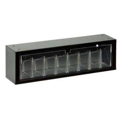 Black tip out storage bin clear plastic trays with seven adjustable dividers to make 8 total compartments per tray