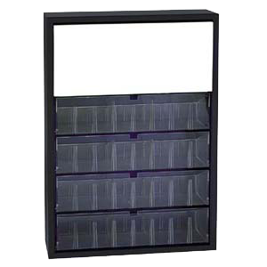 Black tip out storage bin clear plastic trays with seven adjustable dividers to make 8 total compartments per tray and top storage compartment with two shelves