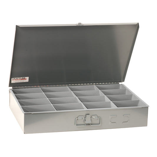 Gray compartment box steel outer shell with full length heavy duty piano hinge available in 7 different compartment tray configurations