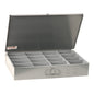 Gray compartment box steel outer shell with full length heavy duty piano hinge available in 7 different compartment tray configurations