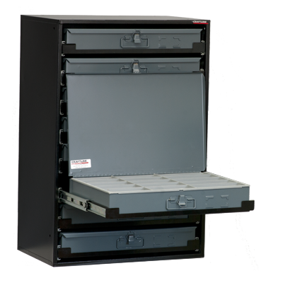 Black service tray racks designed for holding compartment boxes solid steel drawer bottoms each drawer will support up to 100 lbs