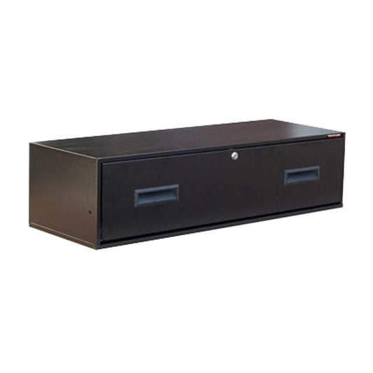 Black steel 9” high ball bearing storage drawer with polymer handles for easy opening and closing includes a lock keys and handles