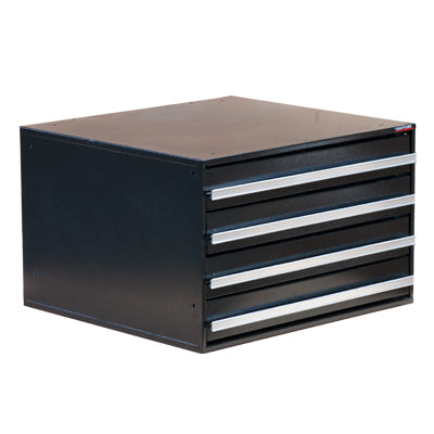 Black steel 15” H Modular drawer cabinet. Drawers extend fully and have a storage capacity of 100 pounds. Each drawer includes a 3” high polystyrene insert with 12 adjustable dividers allowing user to customize each drawer or simply remove insert for storage of tools or larger items.