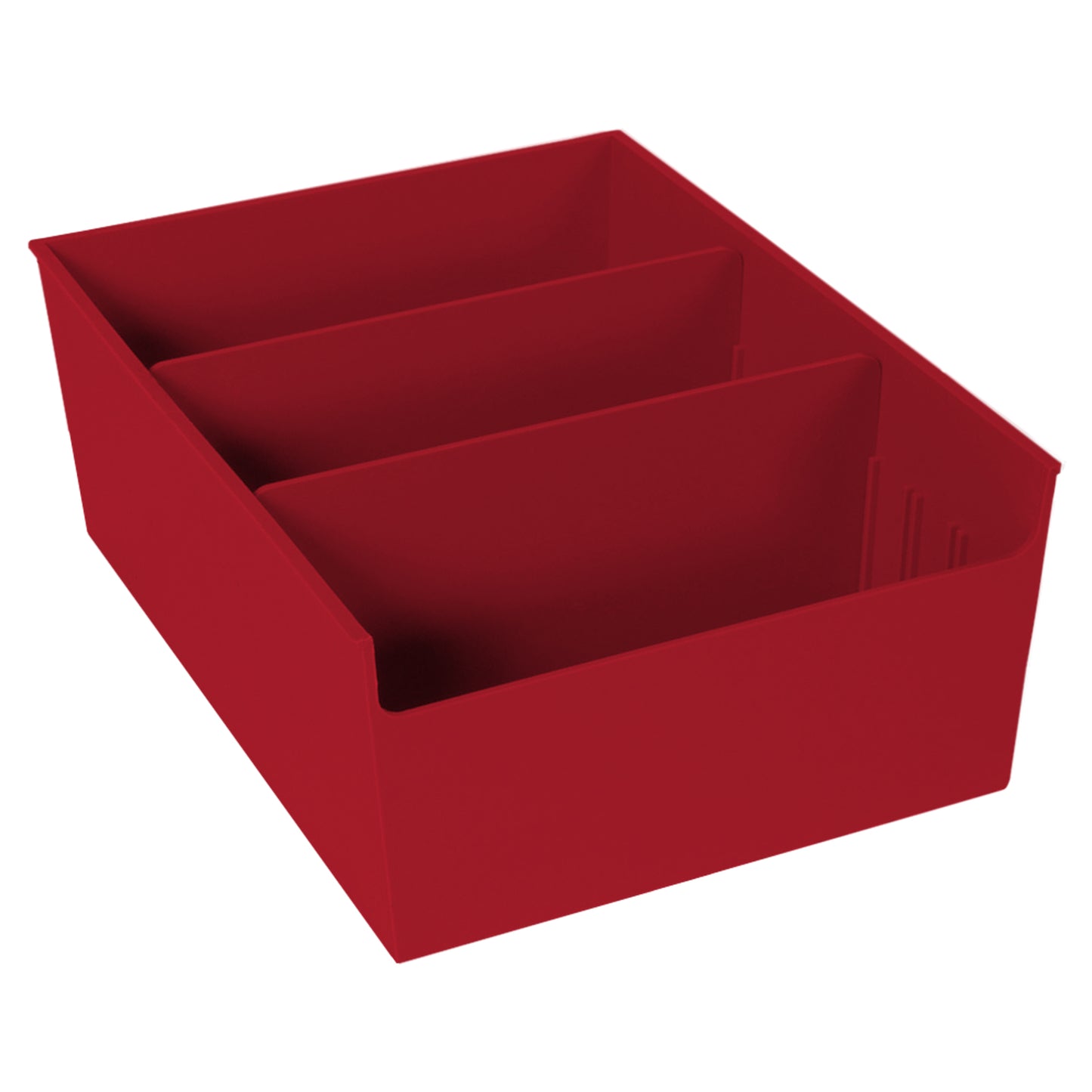 Large red bin with 2 adjustable dividers