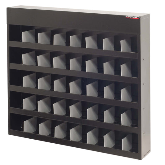 Black “Scoop Front” bin cabinet allows each shelf’s bin width to be adjusted in 3” increments. Each shelve can be divided up to 8 bins. Each cabinet comes with 35 heavy duty polypropylene dividers that snap in place to make up to 40 bins total. The patented “Scoop Front” bin design allows bin contents to be removed effortlessly.