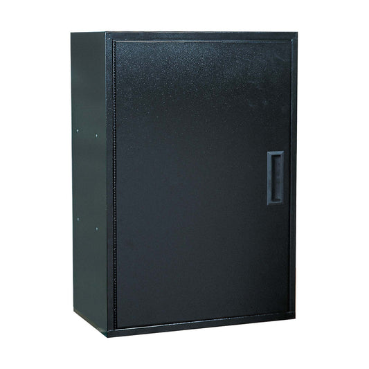 Black steel one door utility storage cabinet can be free standing or wall mounted. Full length piano hinge and easy grip polymer handle for easy opening and closing. Inside the cabinet are (2) shelves.