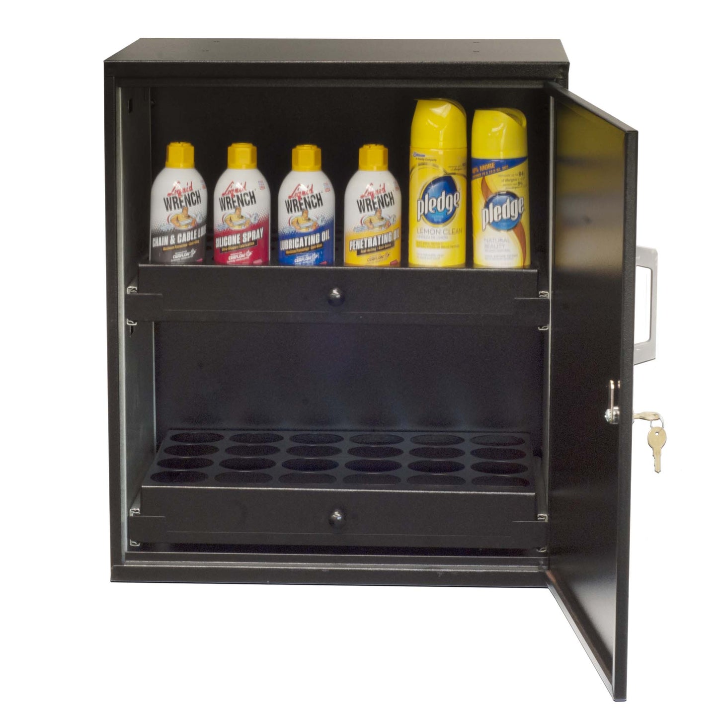 Aerosol cabinet with key lock and spare key included holds 48 cans  ball bearing slides are smooth and quiet drawers snap into closed position