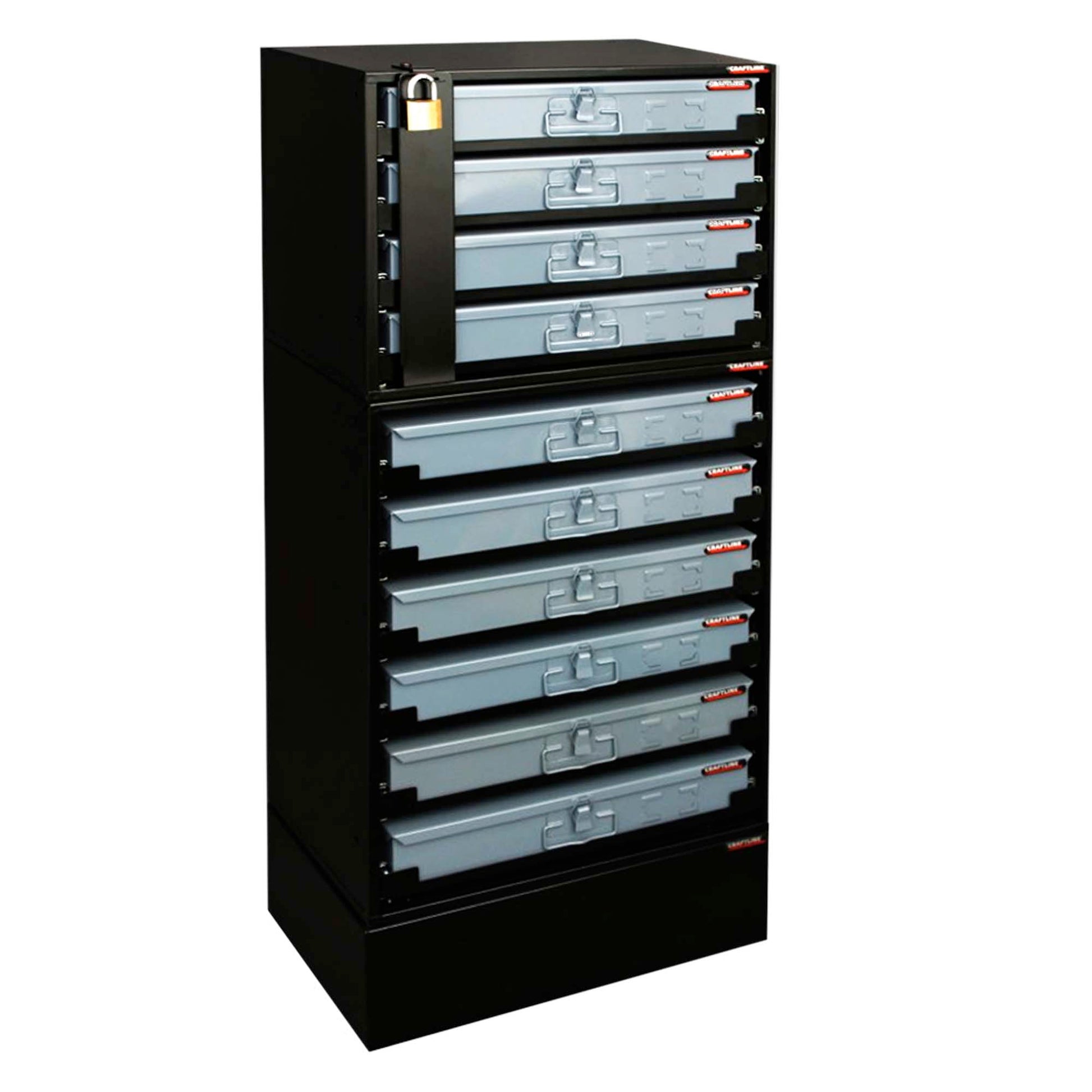 Black steel lock bar shown with slide rack cabinets and base sold separately